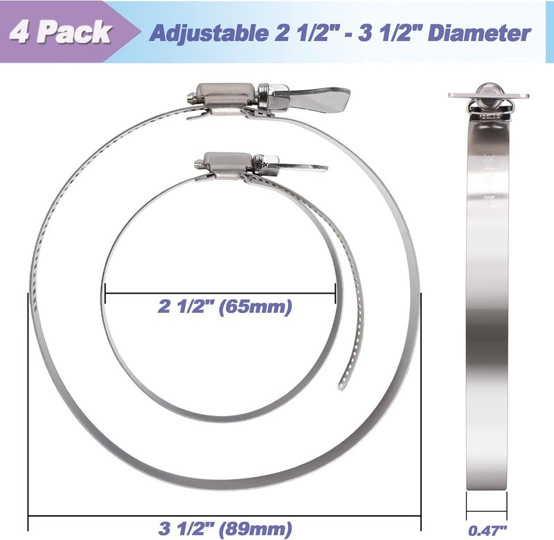 Suprom 4 Pack 3 inch Hose Clamp, Adjustable 2 1/2"-3 1/2" Diameter 304 Stainless Steel Easy turn thumb Screw Worm Gear Hose Clamps For Securing Hose, Dryer, Automotive and Mechanical Applications - Image 3